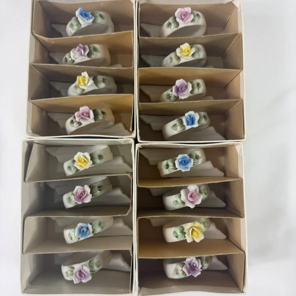 16 Vintage Porcelain Rose Napkin Rings Floral Ribbon Scroll‎ Set Made in Japan